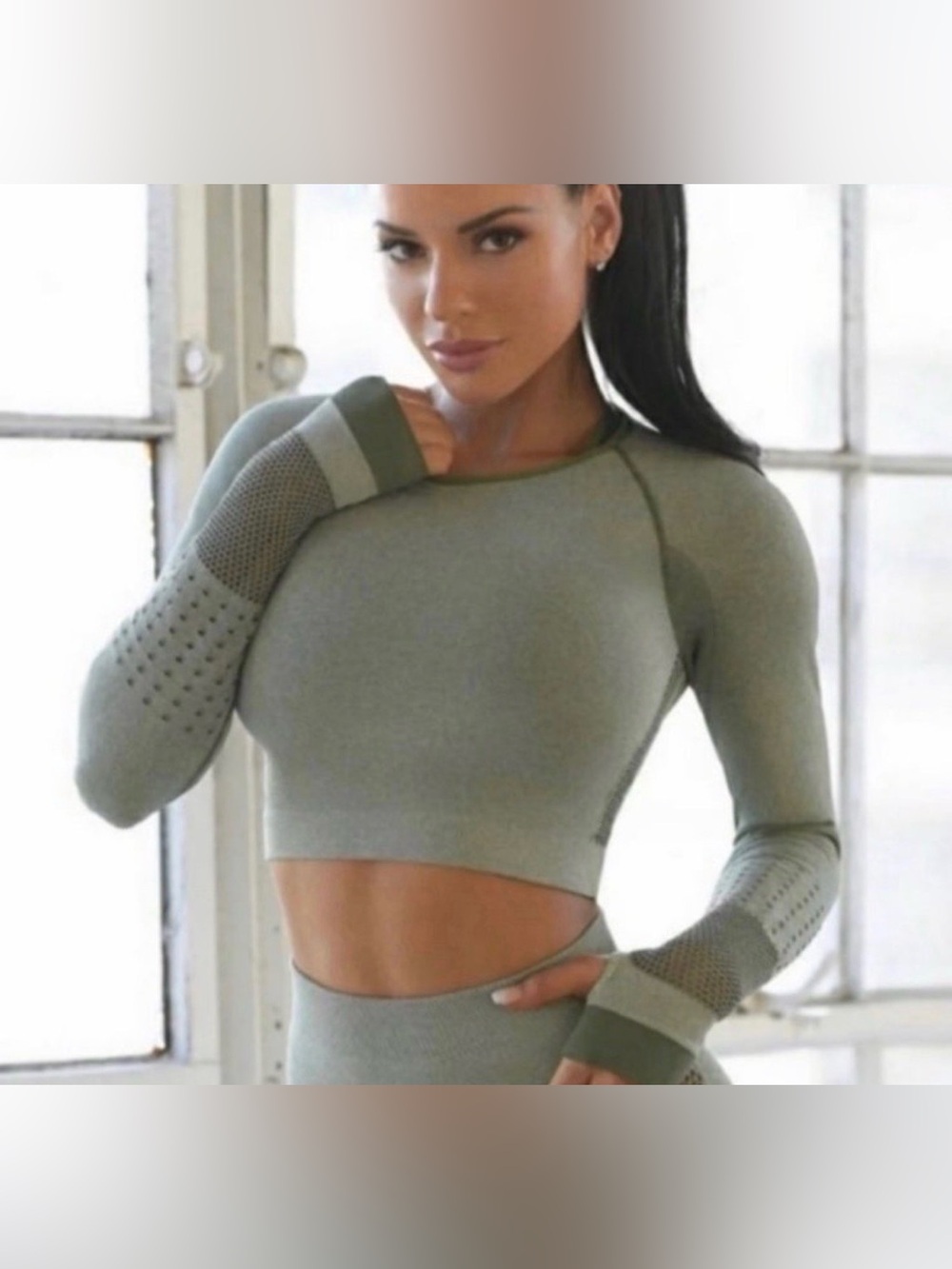 Bombshell Sportswear Olive Seamless Long-Sleeve Crop Top